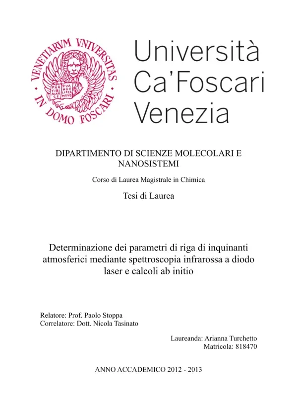 Determinazione dei parametri di riga di inquinanti atmosferici mediante spettroscopia infrarossa a diodo laser e calcoli ab initio