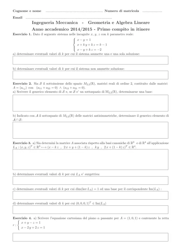 Esercizi di Matematica: Algebra Lineare e Geometria