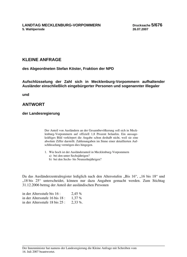 LANDTAG MECKLENBURG-VORPOMMERN Drucksache 5/ Wahlperiode